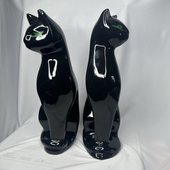 VTG Artmark Fine Ceramic Midnight Shadows Pair of Black Cats Green Eyes 12.5 in - Picture 5 of 12